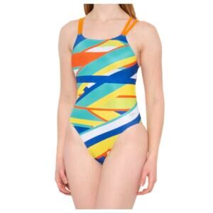 Speedo Eco Endurance One Piece Swimsuit Size 28 Stripe Cheeky Fit Open Back